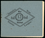 Stamp of Jamaica 1915-16 "War Stamp League" Red Cross labels, collection mounted on two pages incl. complete booklet with the "Half-penny" surcharge