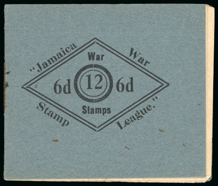 Stamp of Jamaica 1915-16 "War Stamp League" Red Cross labels, collection mounted on two pages incl. complete booklet with the "Half-penny" surcharge