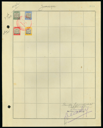 Stamp of Jamaica 1903-04 Wmk CA 1/2d to 5d "SPECIMEN" set of four affixed to archive page from the Madagascar UPU archive