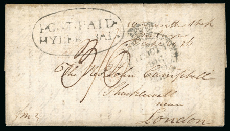 Stamp of India » Postal History in Hyderabad 1816 (March 25) “POST.PAID./HYDERABAD.” black oval