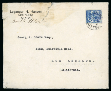 Stamp of Falkland Islands 1931 (Nov 18) Whaling Cover with imprint of "Leganger H. Hansen / Leith Harbour / Syd Georgia", franked with 1929-37 2 1/2d