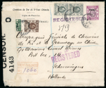 Stamp of Hong Kong » British Post Offices in China 1918 (Feb 20) Chinese Railway printed linen envelope sent registered to the Netherlands with "CHINA" 1c, 2c, 8c vert. pair and 25c tied by Tientsin cds