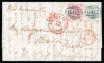 Stamp of Hong Kong 1864 (Feb 29) wrapper to the USA with 1862 48c and 1863 6c tied by neat "B62" barred ovals in blue-green