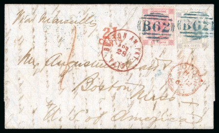 Stamp of Hong Kong 1864 (Feb 29) wrapper to the USA with 1862 48c and 1863 6c tied by neat "B62" barred ovals in blue-green