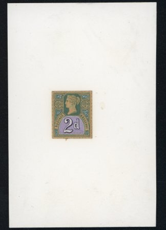 Stamp of Great Britain » 1855-1900 Surface Printed » 1887-1900 Jubilee Issue & 1891 £1 Green 1887 Jubilee 2d handpainted essay in green, mauve and white, with domed-shaped tablet and large "2"