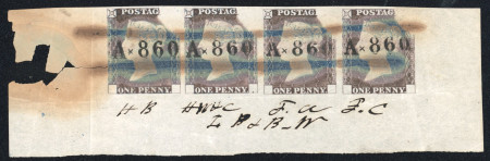 Stamp of Great Britain » Line Engraved Essays, Plate Proofs, Colour Trials and Reprints 1840 "Rainbow" Colour Trials: 1d, state 2, in deep lilac brown cancellation trials in lower marginal strip of four with "A x 860" cancellations