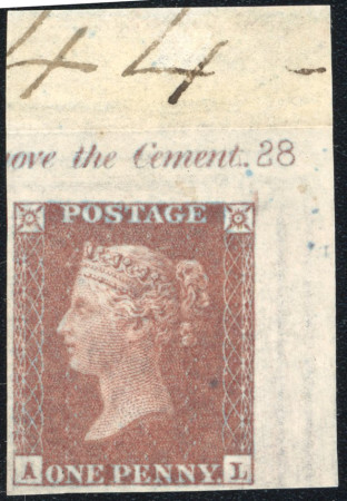 Stamp of Great Britain » 1854-70 Perforated Line Engraved 1854-70 wmk large crown 1d red-brown pl.28 imprimatur from the upper right corner of the sheet with plate no. and marginal inscription