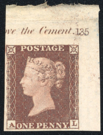 Stamp of Great Britain » 1854-70 Perforated Line Engraved 1854 wmk Small Crown 1d red-brown pl.135 imprimatur from the upper right corner of the sheet with plate no. and marginal inscription