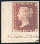 Stamp of Great Britain » 1854-70 Perforated Line Engraved 1841 1d Red Brown pl.48 imprimatur from the lower corner of the sheet with plate no. and marginal inscription