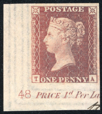 Stamp of Great Britain » 1854-70 Perforated Line Engraved 1841 1d Red Brown pl.48 imprimatur from the lower corner of the sheet with plate no. and marginal inscription