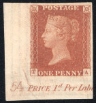 Stamp of Great Britain » 1841 1d Red 1844-45 wmk small crown 1d Red Brown pl.54 imprimatur from the lower corner of the sheet with plate no. and marginal inscription