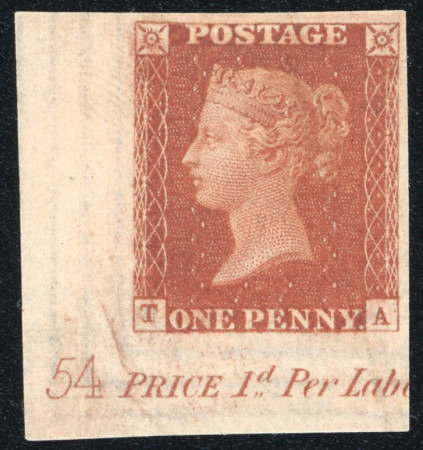 Stamp of Great Britain » 1841 1d Red 1844-45 wmk small crown 1d Red Brown pl.54 imprimatur from the lower corner of the sheet with plate no. and marginal inscription
