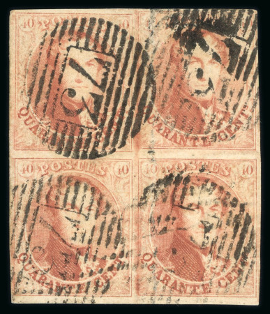 Stamp of Belgium » Belgique. 1851 Médaillons (filigrane sans cadre) (COB 6-8) 1851, 40 centimes rouge-carmin, en bloc de 4, oblitération