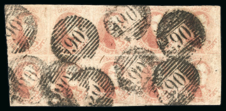 Stamp of Belgium » Belgique. 1851 Médaillons (filigrane sans cadre) (COB 6-8) 1851, 40 centimes, papier côtelé, en bloc de 10, oblitération