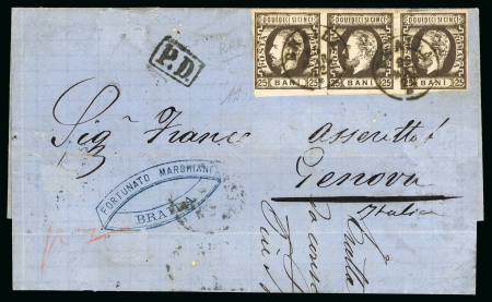 Stamp of Romania » King Carol 1871 - "With Beard" Imperforate 25 bani dark olive-brown, horizontal strip of three,
