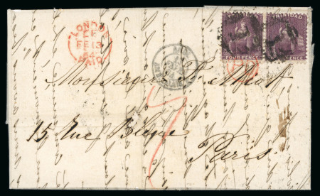 Stamp of Trinidad and Tobago » Trinidad 1864 (Jan 24) entire from Port of Spain to France with 1862-63 perf.11 1/2, 12 4d deep purple pair