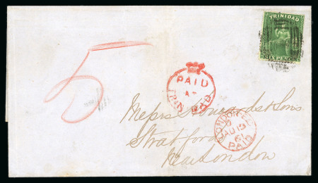 Stamp of Trinidad and Tobago » Trinidad 1861 (Jul 7) entire to England with 1860 rough perf.14-16 1/2, tied by "1" barred oval with neat "PAID / AT / TRINIDAD" crown circle hs