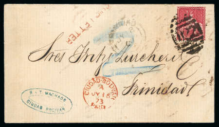 Stamp of Trinidad and Tobago » Trinidad 1873-74 pair of covers incl. 1873 (Jul 25) incoming wrapper from Venezuela with Trinidad 1863-80 1d carmine perf.12 1/2 tied by "D22"