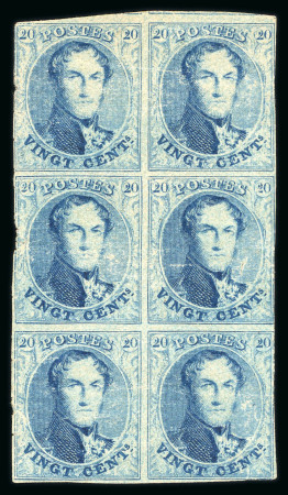 Stamp of Belgium » Belgique. 1858 Médaillons arrondis (COB 10A-12A) 1858, 20 centimes bleu, bloc de 6 avec début de bord