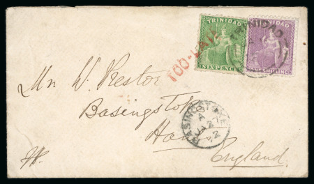 Stamp of Trinidad and Tobago » Trinidad 1872 (Jan 9) envelope to England with 1863-80 perf.12 1/2 6d green and 1s mauve tied by "TOO-LATE" hs