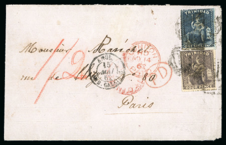 Stamp of Trinidad and Tobago » Trinidad 1864 envelope to France with 1861 rough perf.14-16 1/2 1s indigo and 4d brownish lilac