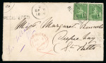 Stamp of Trinidad and Tobago » Trinidad 1874 (Sep 6) envelope sent registered from San Fernando to St. Kitts with 1863-80 perf.12 1/2 1s pair tied by "REGISTERED" hs