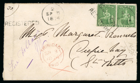 Stamp of Trinidad and Tobago » Trinidad 1874 (Sep 6) envelope sent registered from San Fernando to St. Kitts with 1863-80 perf.12 1/2 1s pair tied by "REGISTERED" hs