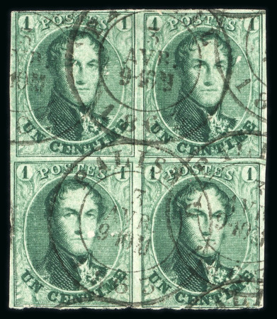 Stamp of Belgium » Belgique. 1861 Médaillons allongés (COB 9-12) 1861, 1 centime vert, bloc de 4 O, cachet à date de