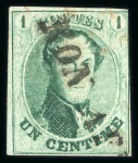 Stamp of Belgium » Belgique. 1861 Médaillons allongés (COB 9-12) 1861, 1 centime vert, exemplaire avec oblitération