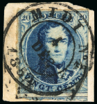 Stamp of Belgium » Belgique. 1851 Médaillons (filigrane sans cadre) (COB 6-8) 1851, 20 centimes bleu, oblitération cachet à date