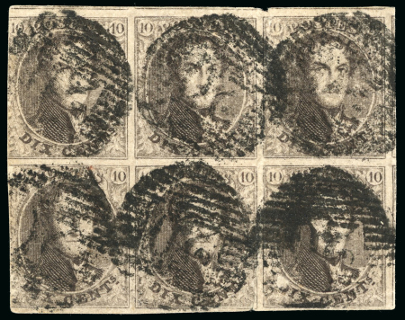 Stamp of Belgium » Belgique. 1851 Médaillons (filigrane sans cadre) (COB 6-8) 1851, 10 centimes brun, en bloc de 6, pli vertical