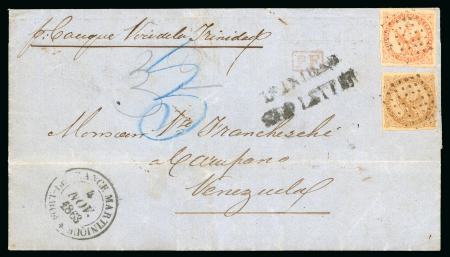 Stamp of Trinidad and Tobago » Trinidad Incoming: 1863 (Nov 3) entire from St. Pierre in Martinique to Venezuelawith the very rare "TRINIDAD / SHIP LETTER" hs