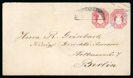 Stamp of German States » Mecklenburg Strelitz 1864 1 Sgr tied by NEUBRANDENBURG postmark on 1 Sgr postal stationery envelope to Berlin with rare PRENZLAU arrival