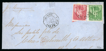 Stamp of Trinidad and Tobago » Trinidad Maritime: 1870 (Sep 5) part cover (top half) with 1863-80 perf.12 1/2 1d and 6d tied by "TRINITÉ / PAQ. FR. C No 1" octagonal ds