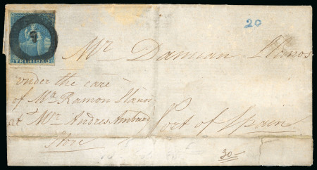 Stamp of Trinidad and Tobago » Trinidad 1852 (Jul 17) entire from Arima to Port of Spain with 1851-55 (1d) blue tied by crisp "7" type 0.1a numeral