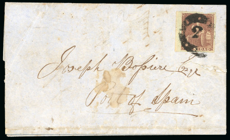 Stamp of Trinidad and Tobago » Trinidad 1851 (Sep 4) entire from San Fernando to Port of Spain with 1851-55 (1d) purple-brown left marginal tied by "2" type 0.1a cancel