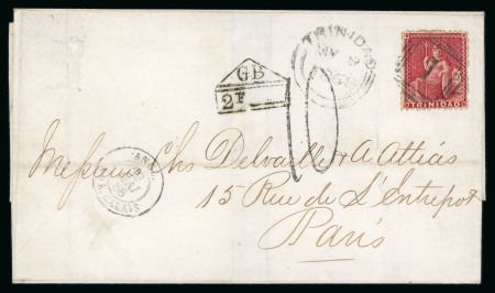 Stamp of Trinidad and Tobago » Trinidad 1868 (May 9) wrapper to France with 1863-80 perf. 12 1/2 1d carmine tied by a nice strike of the "1" numeral