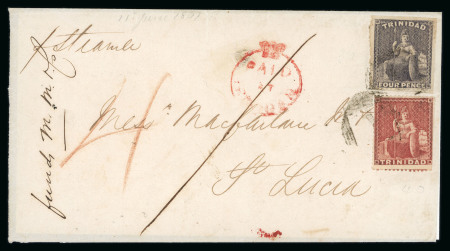 Stamp of Trinidad and Tobago » Trinidad 1861 (Jul 7) wrapper with 1859 1860 clean cut perf.14-16 1/2 (1d) rose-red and 1859 pin perf. 4d dull purple