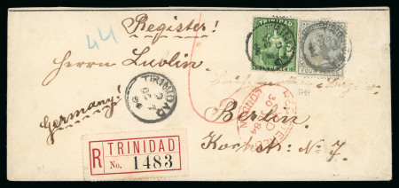 Stamp of Trinidad and Tobago » Trinidad 1884 (Oct 7) envelope sent registered to Germany with 1876 perf. 14 6d bright yellow-green and 1883-94 4d grey