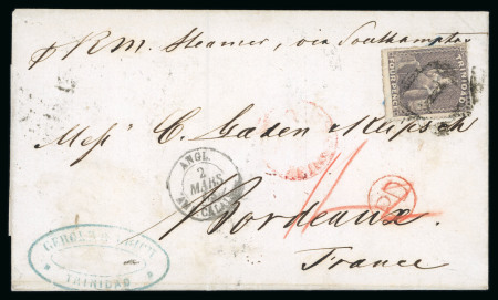 Stamp of Trinidad and Tobago » Trinidad 1863 (Feb 7) wrapper to France with 1861 rough perf.14-16 1/2 tied by "1" numeral