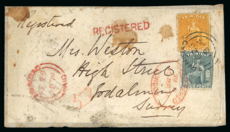 Stamp of Trinidad and Tobago » Trinidad 1863-80 issues on group of 6 covers incl. perf.12 1/2 4d grey and 1s chrome-yellow on1874  cover to England with scarce "REGISTERED" hs