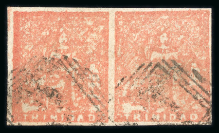 Stamp of Trinidad and Tobago » Trinidad 1852-60 Fifth Issue (1d) red used pair, fine to good margins, with light "3" numeral cancels