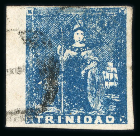 Stamp of Trinidad and Tobago » Trinidad 1852-60 Third Issue (1d) deep blue left marginal with fine to huge margins, cancelled by light "1" numeral