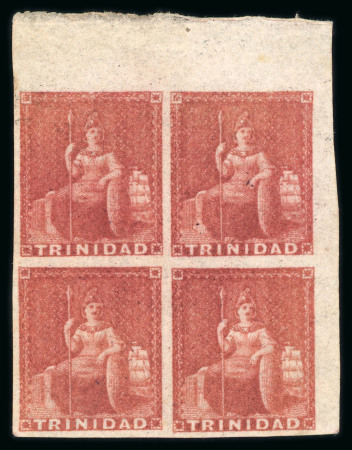 Stamp of Trinidad and Tobago » Trinidad 1851-55 (1d) plate proof in carmine on wove paper in mint top right marginal block of four