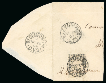 Stamp of South Africa » Orange Free State Police Frank Stamps: 1898 (-) black tied to left half of envelope by P.A.K. KAFFIR RIVER cds