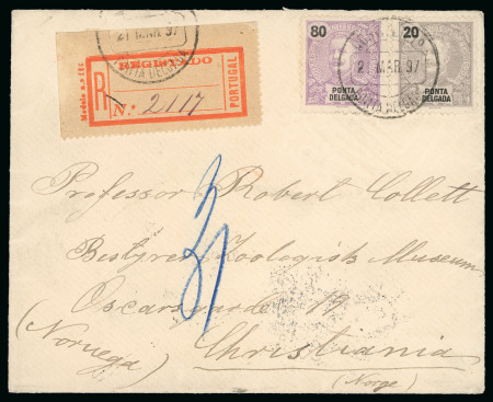 Stamp of Portuguese Colonies » Azores Ponta Delgada: 1897 (Mar 21) envelope sent registered to Norway with 80r and 20r tied by Ponta Delgada cds