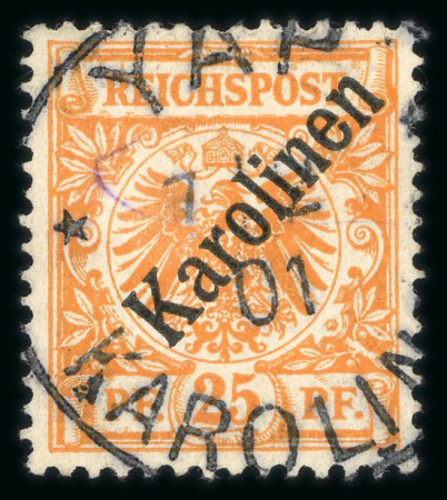 Stamp of Germany » German Colonies » Caroline Islands 1899 (ovpt 48 degrees) 25pf yellowish orange, used with Yap cds