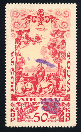 Stamp of Tannu Tuva 1940-41, 20k on 50k women's day, air post stamp with surcharge 20 in violet with thick numerals, unused no gum
