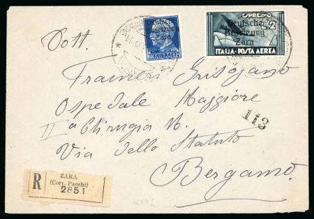 Stamp of Germany » German WWII Occupation Issues » Zara 11943 (Nov.21) Registered cover to Bergamo (Italy), with airmail express 2L grey and 1L25 blue