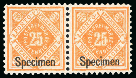 Stamp of German States » Wurttemberg 1896 municipal service 25pf mint n.h. pair with "SPECIMEN" overprint